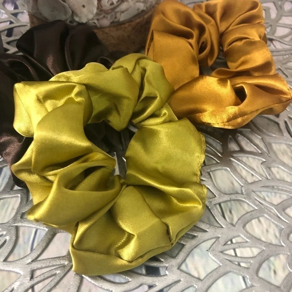 3 New Silk Scrunchies Olive, Brown, Gold Colors